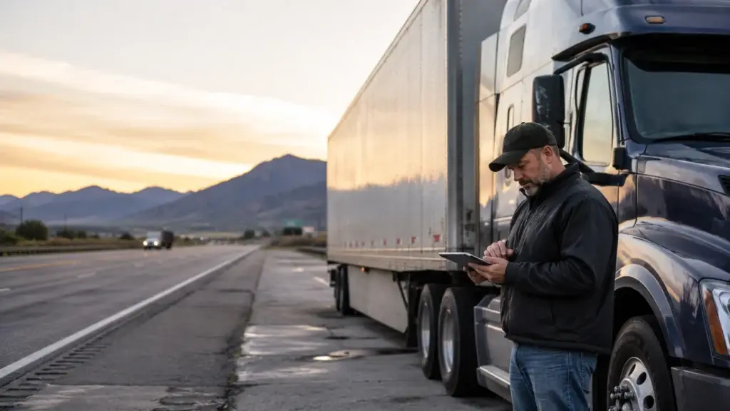 Fleet safety manager reviewing vehicle safety data beside a commercial semi-truck during a roadside inspection.