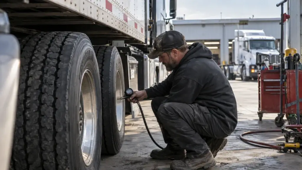 Diesel technician checking tire pressure on a heavy-duty commercial truck during fleet tire maintenance at a service yard.
