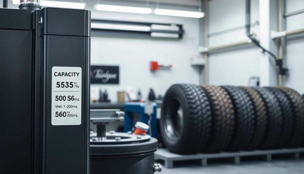 Commercial tire changer specification comparison showing rim diameter and weight capacity ranges