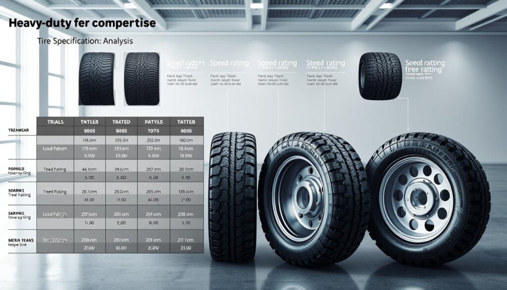 Comparison chart showing commercial tire specifications by axle position including load ratings and tread patterns