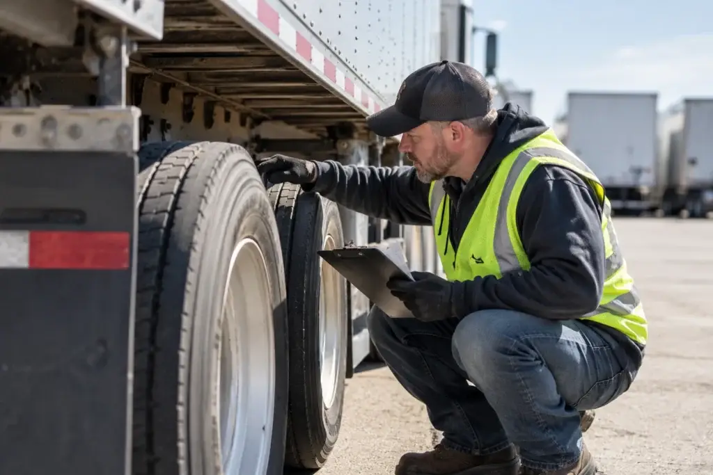Fleet technician inspecting commercial trailer tires and wheel components during a preventive maintenance check.