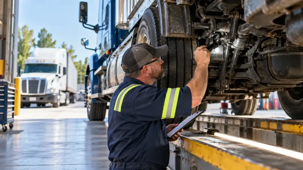 Qualified technician performing an annual commercial truck inspection beneath a Class 8 semi truck while checking suspension and undercarriage components.
