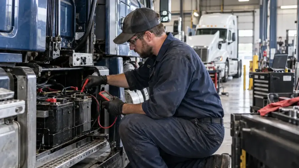 Diesel technician testing commercial truck batteries with a digital multimeter during heavy-duty fleet maintenance.