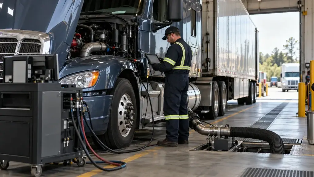 Heavy-duty truck technician performing commercial vehicle emissions diagnostics on a Class 8 semi truck inside a service bay.