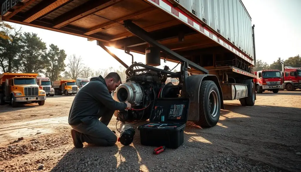 Mobile diesel mechanic performing on-site repair on commercial truck at fleet yard