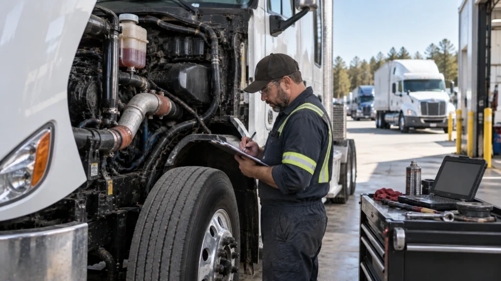 Diesel mechanic performing a detailed commercial truck service inspection beside an open Class 8 engine bay.