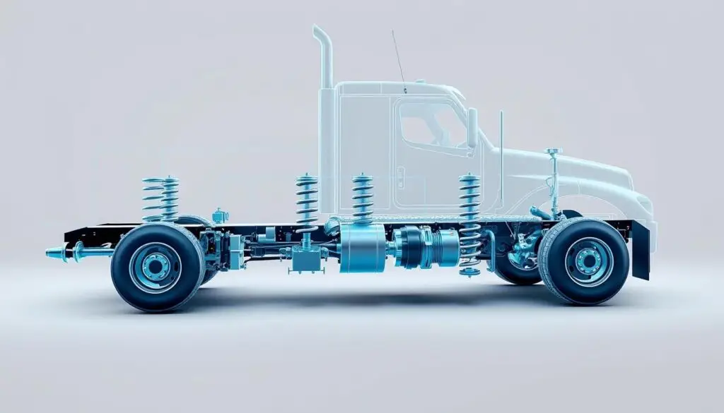 Diagram showing commercial truck suspension system components including springs, shock absorbers, control arms, and mounting hardware