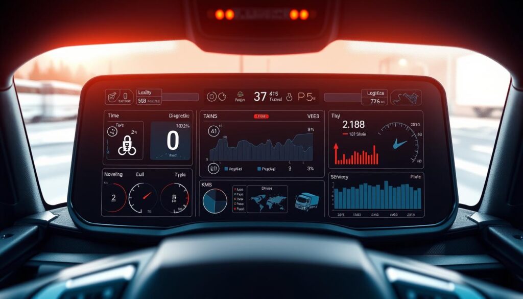 Commercial vehicle connectivity dashboard displaying real-time fleet telematics data including GPS tracking and vehicle diagnostics
