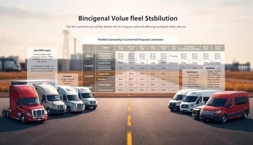 fleet of commercial vehicles including pickups, delivery vans, and medium-duty trucks suitable for propane conversion