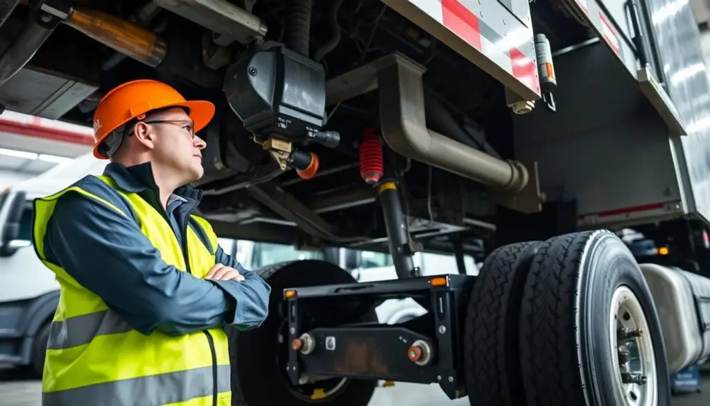 Commercial vehicle inspector performing comprehensive DOT safety inspection on tractor-trailer