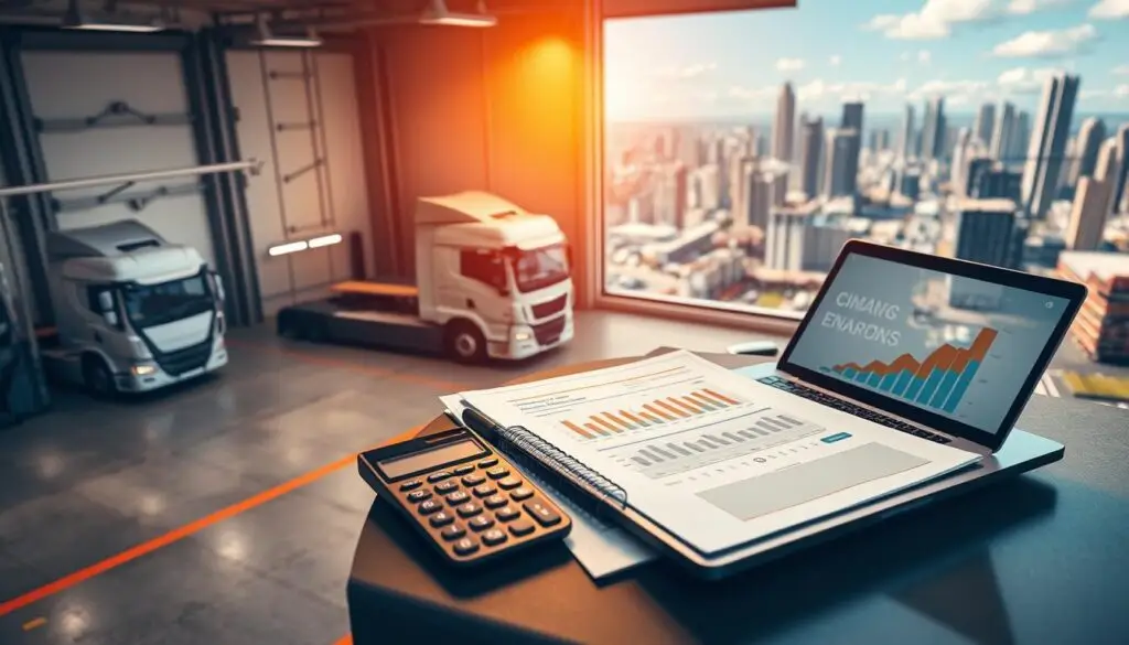 Business owner reviewing financing documents with loan officer for truck shop expansion