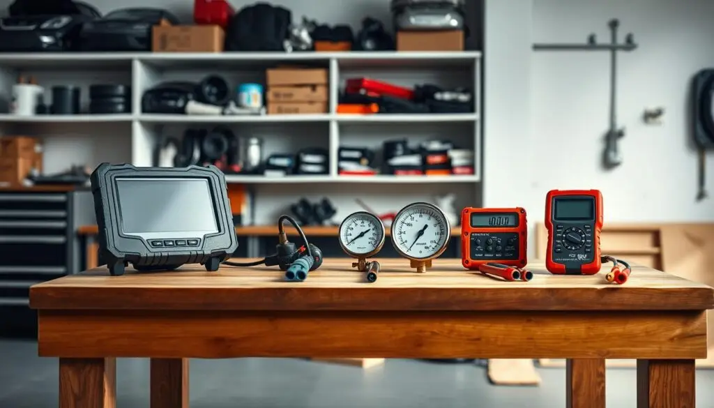 Professional diesel diagnostic equipment including scan tools, pressure gauges, and multimeters for common rail testing