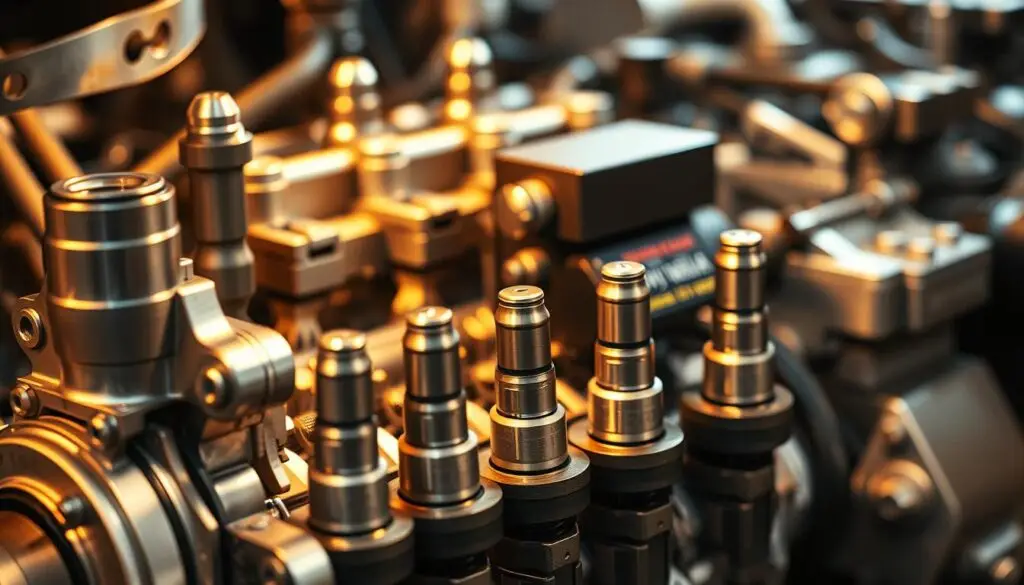 Cutaway view of common rail diesel fuel injection system showing high-pressure pump and injectors