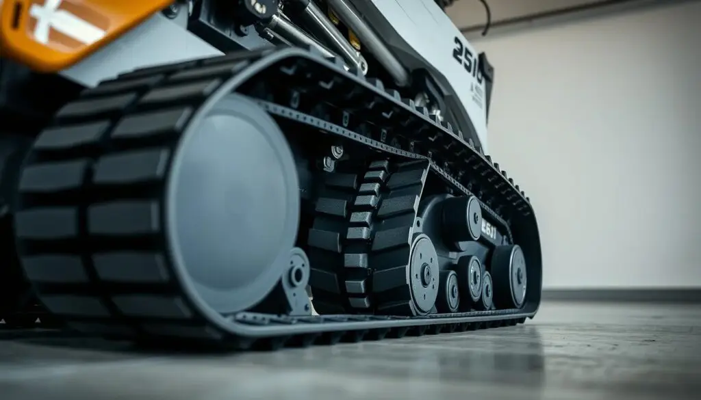 Close-up view of compact track loader rubber track system showing rollers and tensioning components