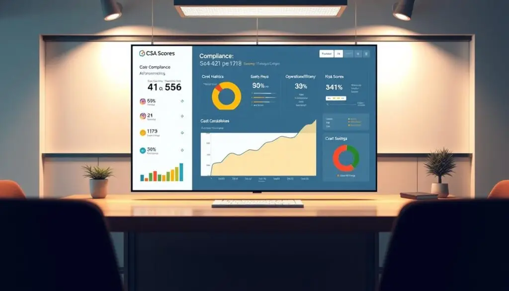 Fleet compliance software benefits dashboard displaying CSA score improvements, violation reduction metrics, and cost savings analysis