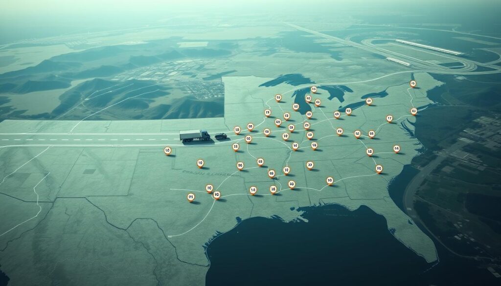 Fleet manager reviewing service network coverage map showing provider locations along major trucking corridors