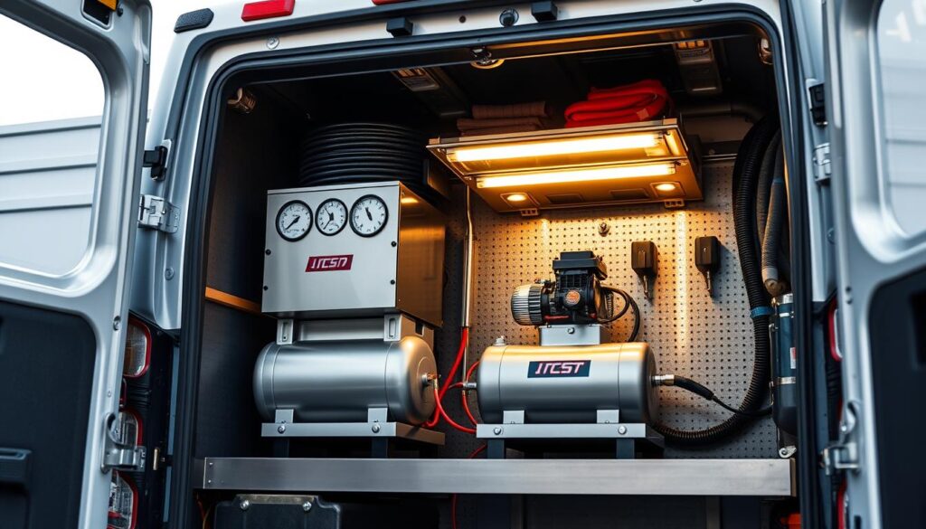 Engine-driven air compressor mounted on mobile service truck bed