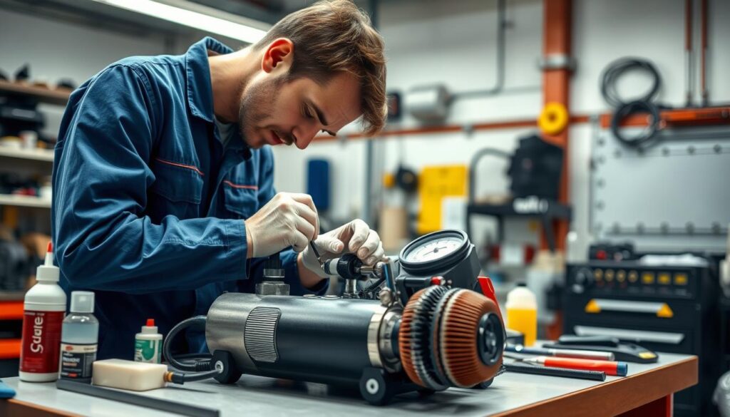 Compression tester components being cleaned and inspected during maintenance