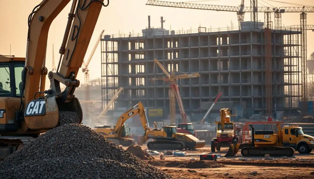Excavator bucket performing foundation excavation on construction site