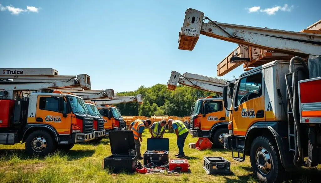 Heavy-duty mechanics truck with extended crane servicing excavator at active construction site
