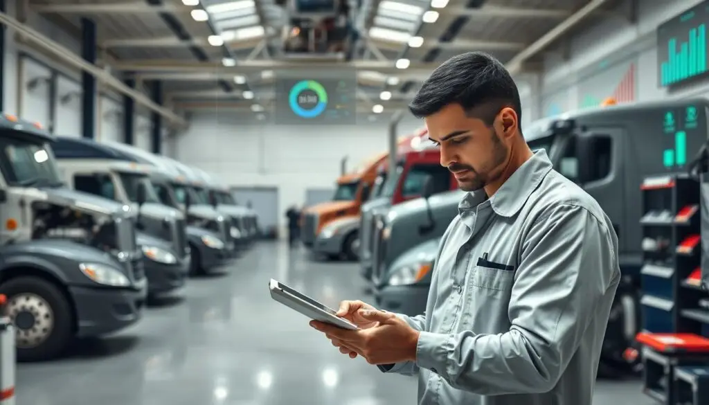 Diesel technician creating educational content for mobile truck repair marketing