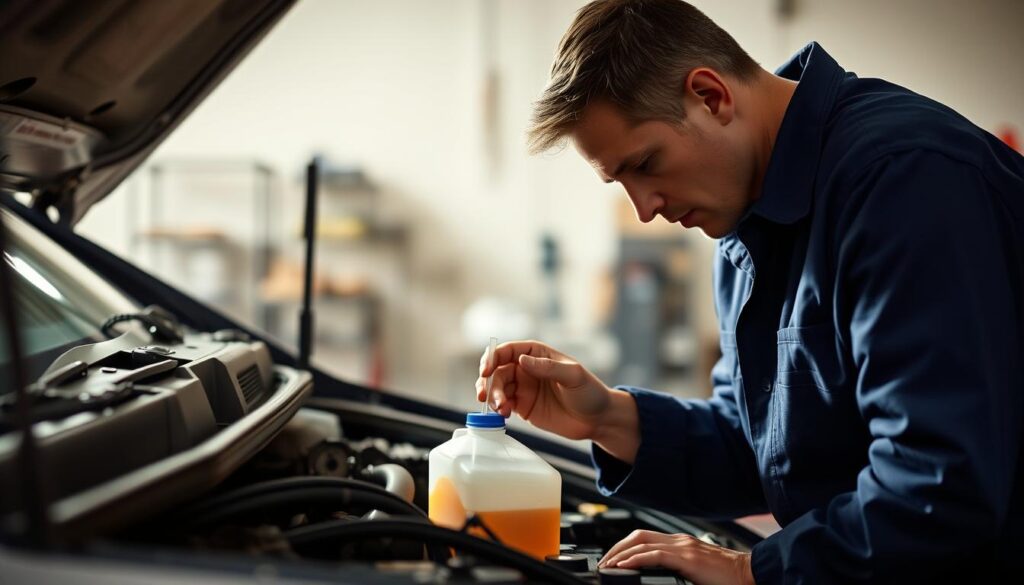 fleet technician performing coolant analysis on diesel engine