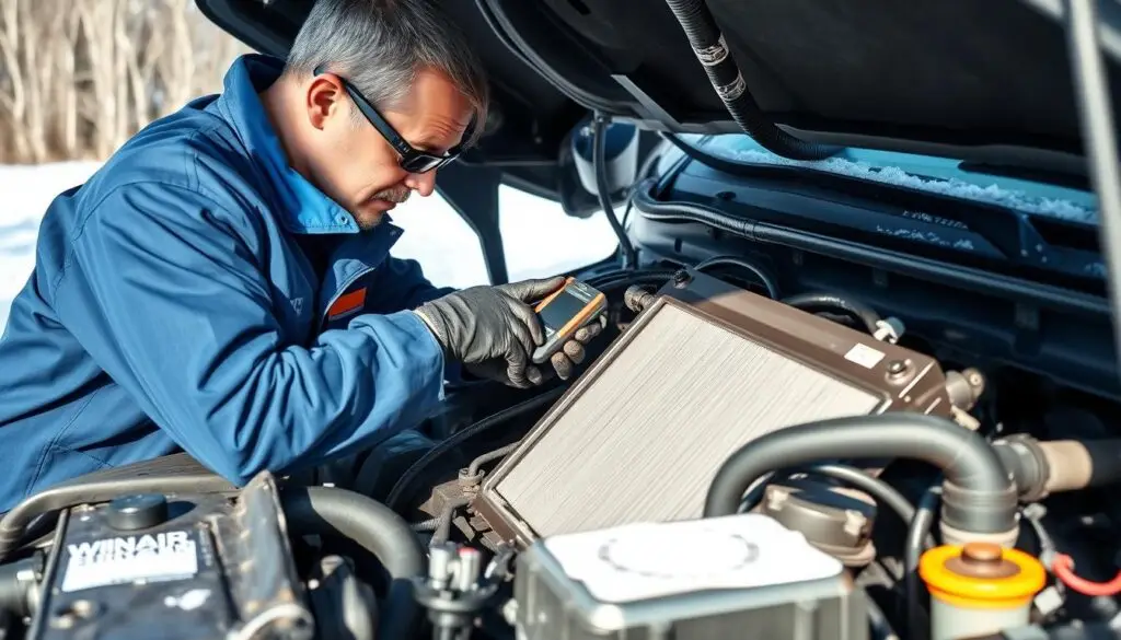 Diesel technician inspecting radiator hoses during winter cooling system maintenance