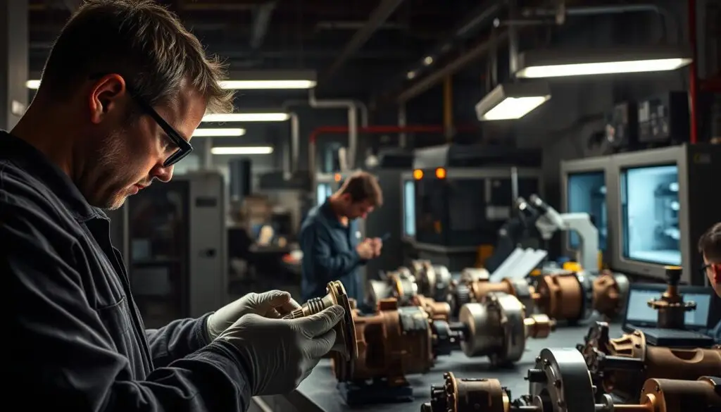 Fleet technician inspecting heavy duty truck parts for counterfeit indicators using visual verification methods