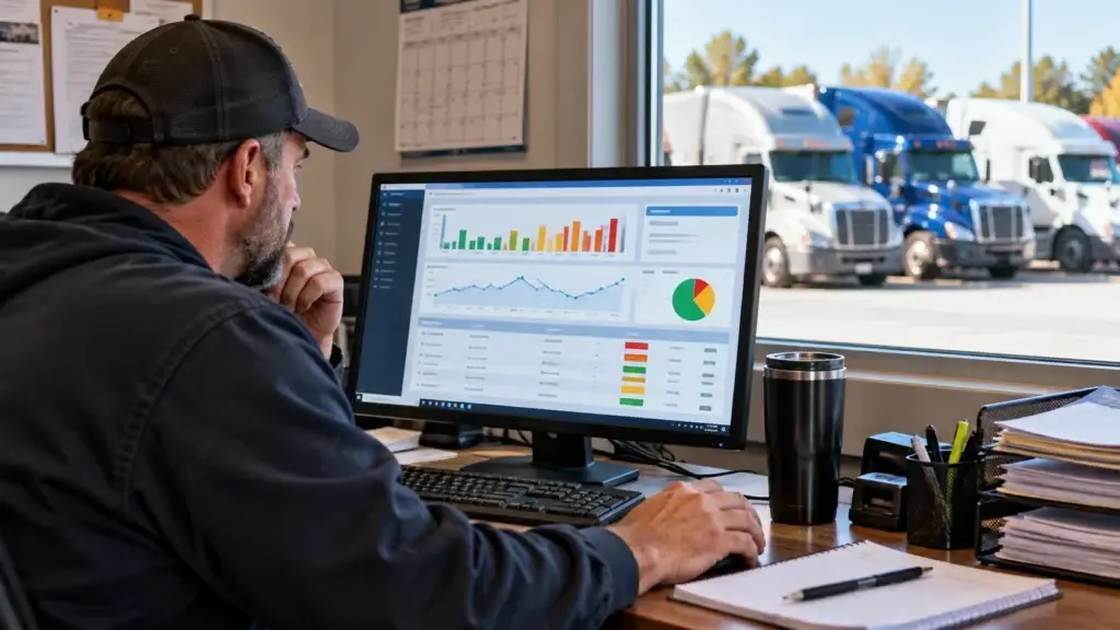 Fleet safety manager reviewing CSA safety performance data and compliance trends on a computer with commercial trucks visible outside.