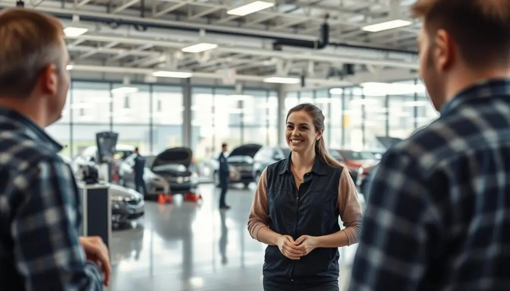 Fleet manager discussing service needs with heavy-duty service writer at truck dealership service counter