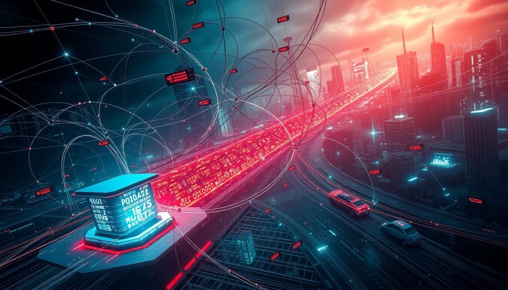Diagram showing multiple cyber attack vectors targeting connected fleet management systems including ransomware, phishing, GPS spoofing, and IoT vulnerabilities
