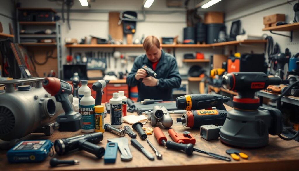 Diesel technician performing daily pre-operation inspection on pneumatic impact wrench checking fittings and trigger mechanism