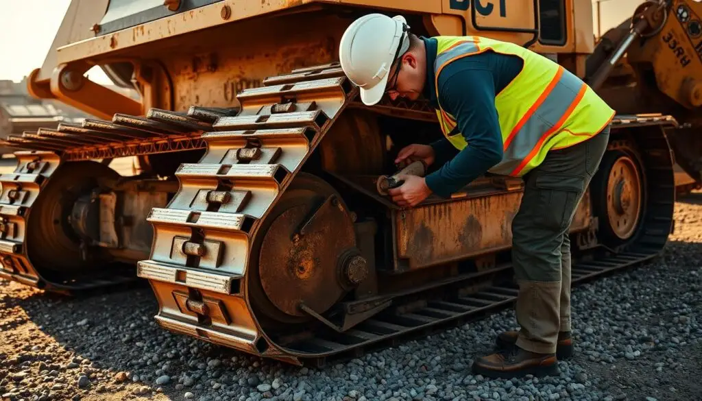 Equipment operator performing daily walk-around inspection on bulldozer tracks