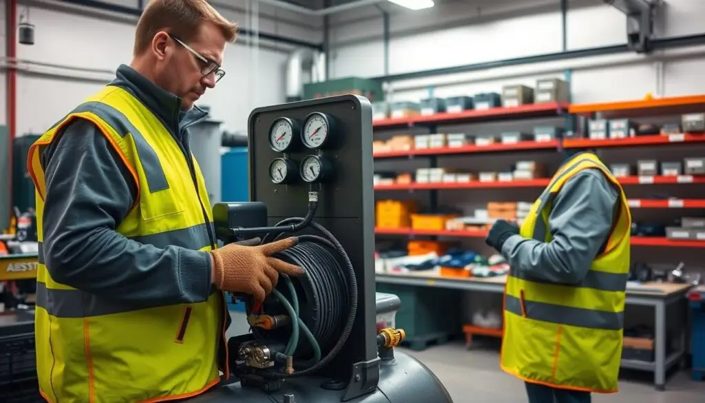 Technician performing daily visual inspection of shop air compressor system