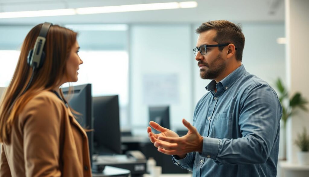 Calm service manager de-escalating tense conversation with upset fleet customer
