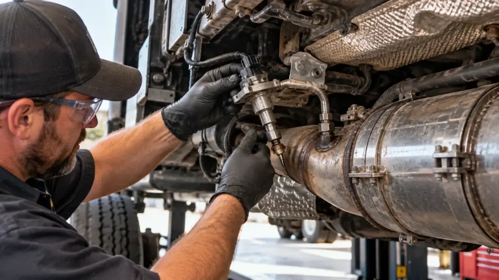 Diesel technician inspecting a DEF injector mounted on the SCR exhaust aftertreatment system of a heavy-duty truck inside a commercial repair shop.