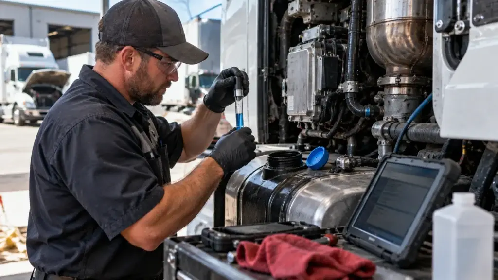 Diesel technician testing DEF fluid and diagnosing the SCR aftertreatment system on a heavy-duty commercial truck.