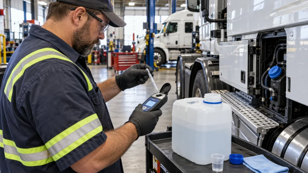 Heavy-duty diesel technician testing diesel exhaust fluid with a digital DEF refractometer beside a commercial truck inside a professional repair shop.