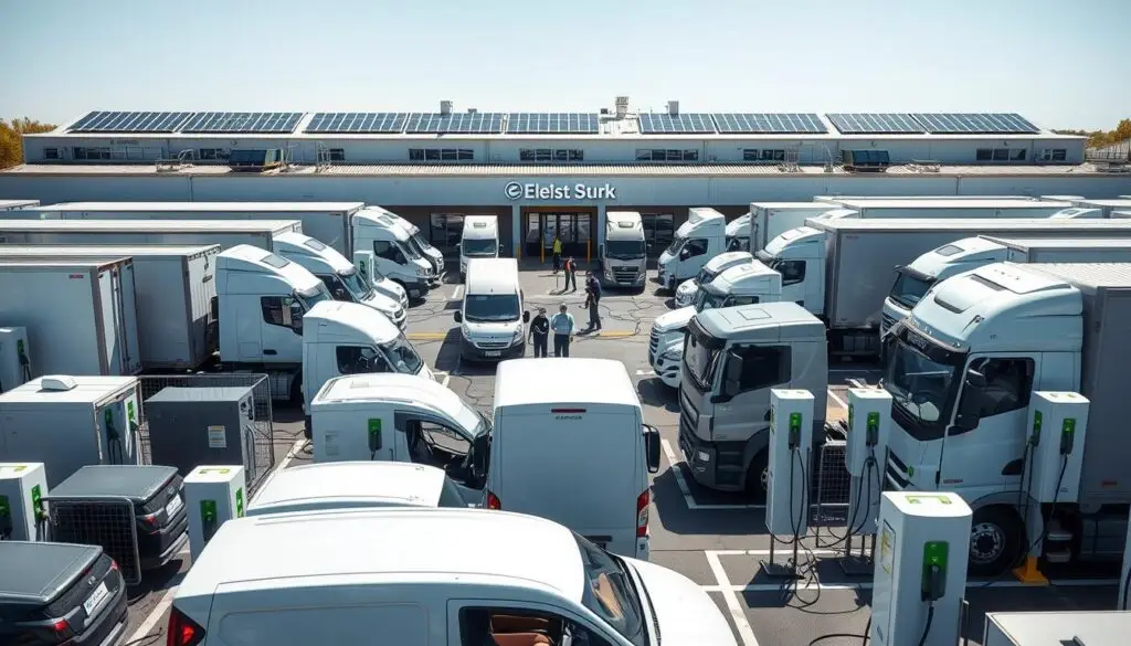 Fleet depot showing multiple electric truck charging stations with Level 2 and DC fast chargers installed