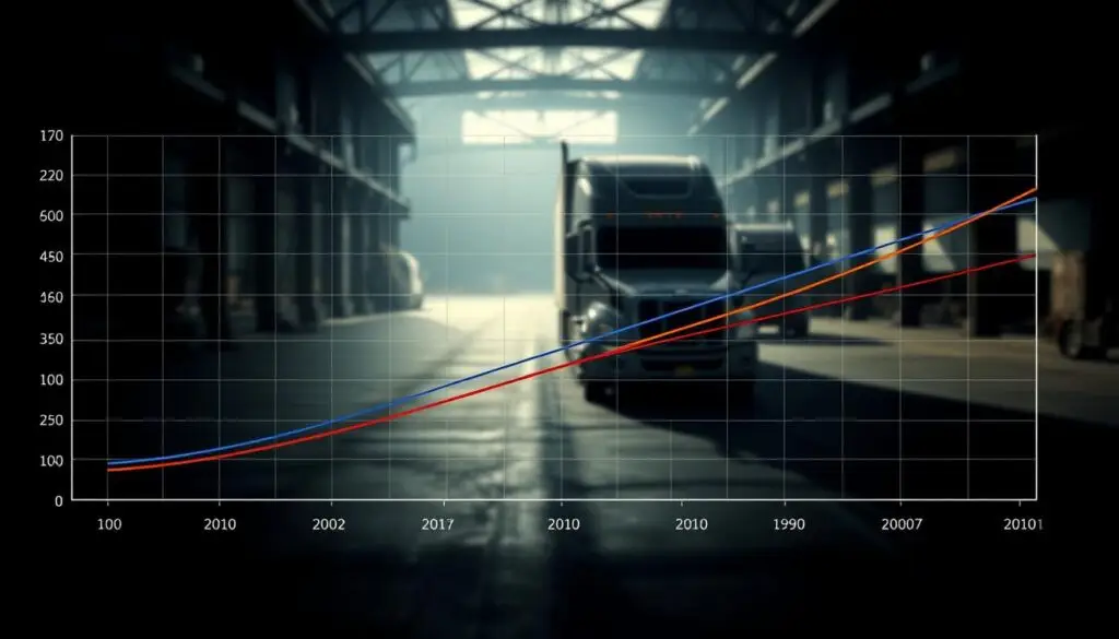 Graph showing depreciation curves for Class 8 trucks by model year