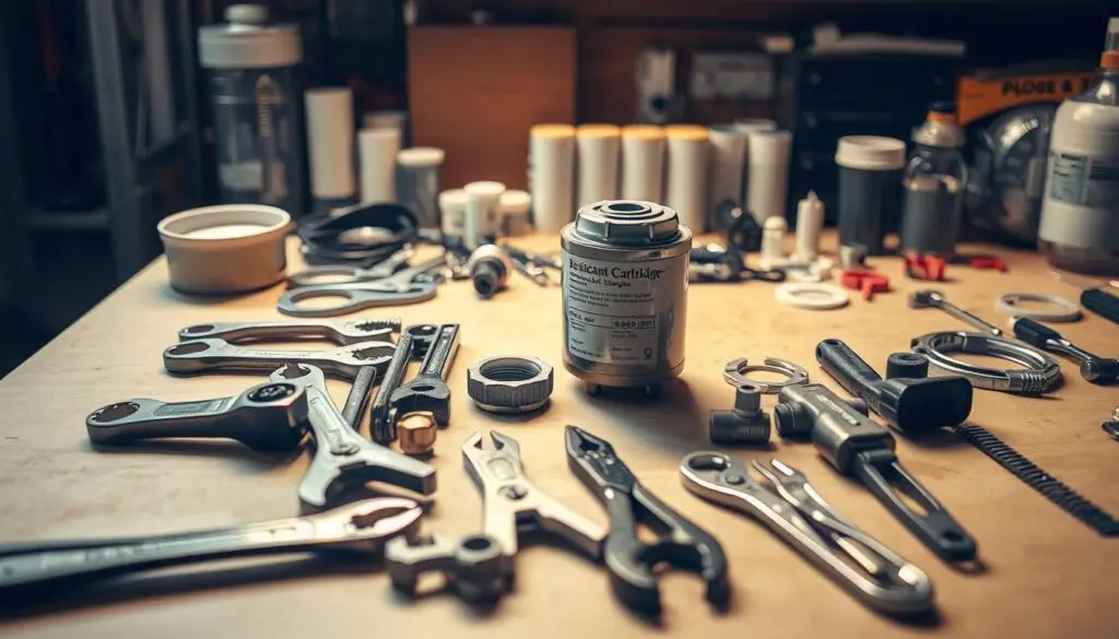 Air dryer desiccant cartridge replacement tools and OEM parts arranged on workbench