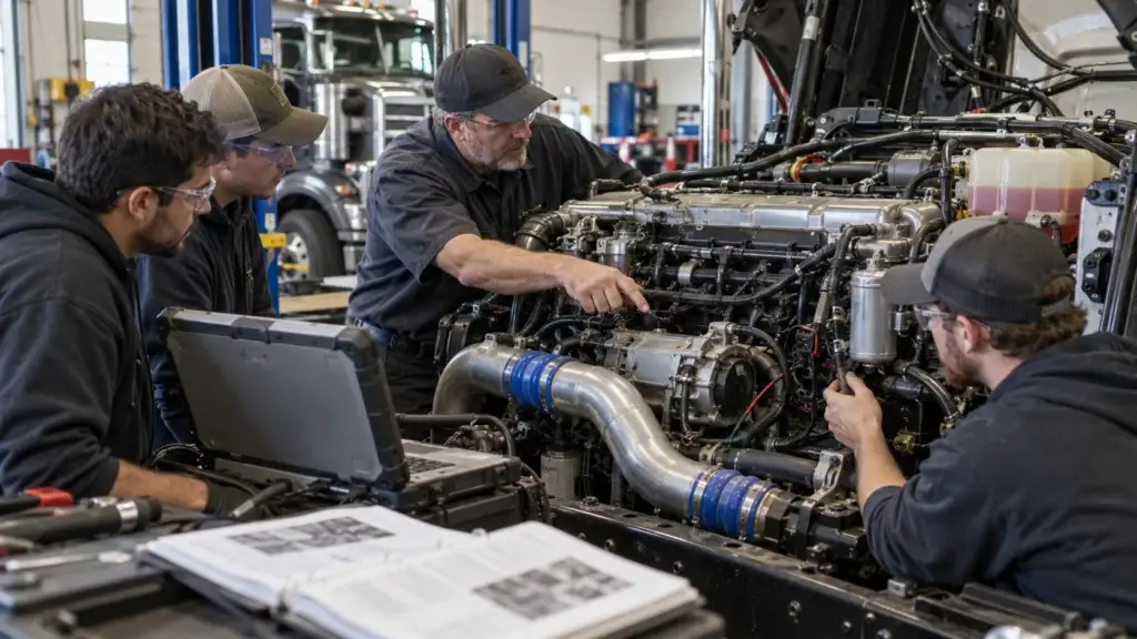 Diesel technicians receiving hands-on heavy-duty engine diagnostics training in a professional truck repair shop.