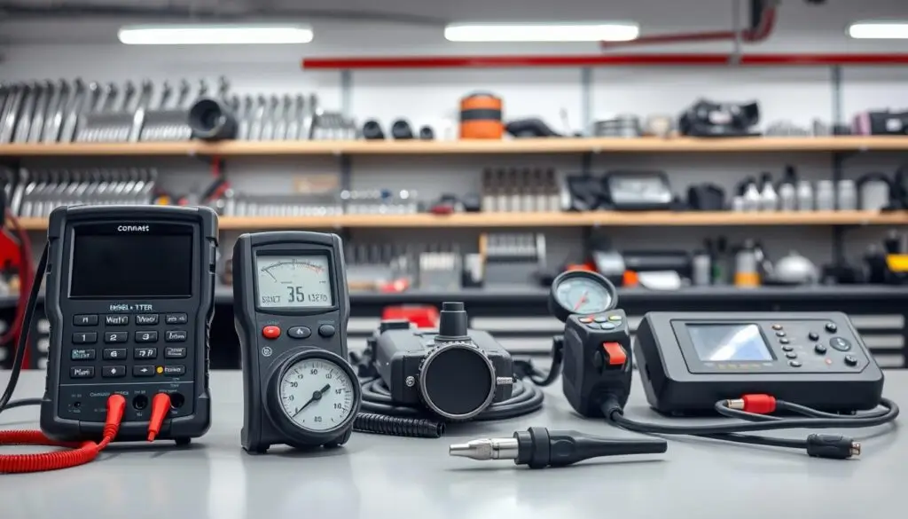 Diesel technician using diagnostic scan tool to measure engine performance data