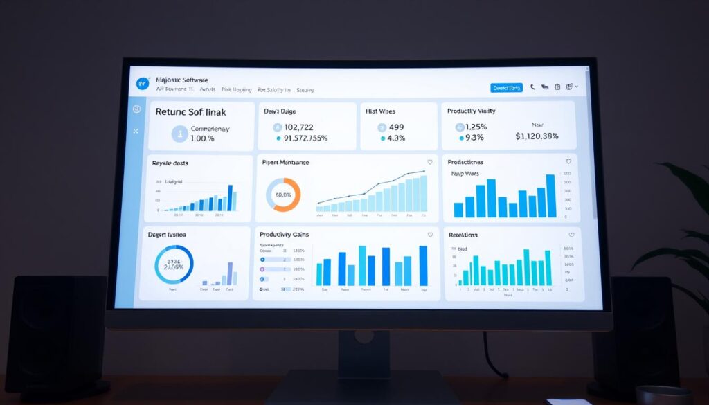 Shop manager reviewing diagnostic software ROI metrics on computer dashboard