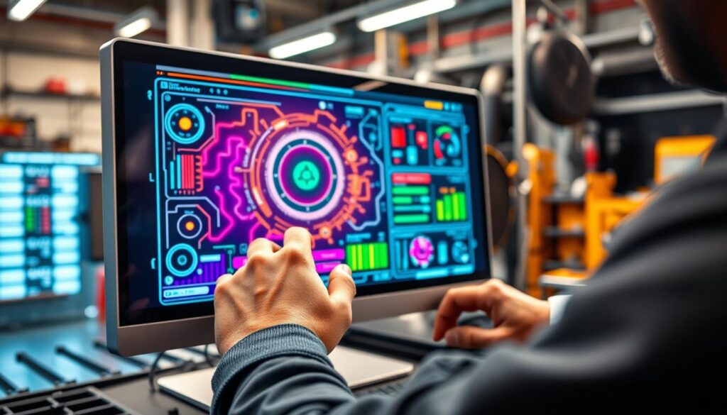 Diesel technician updating heavy-duty diagnostic scan tool software in commercial truck service bay