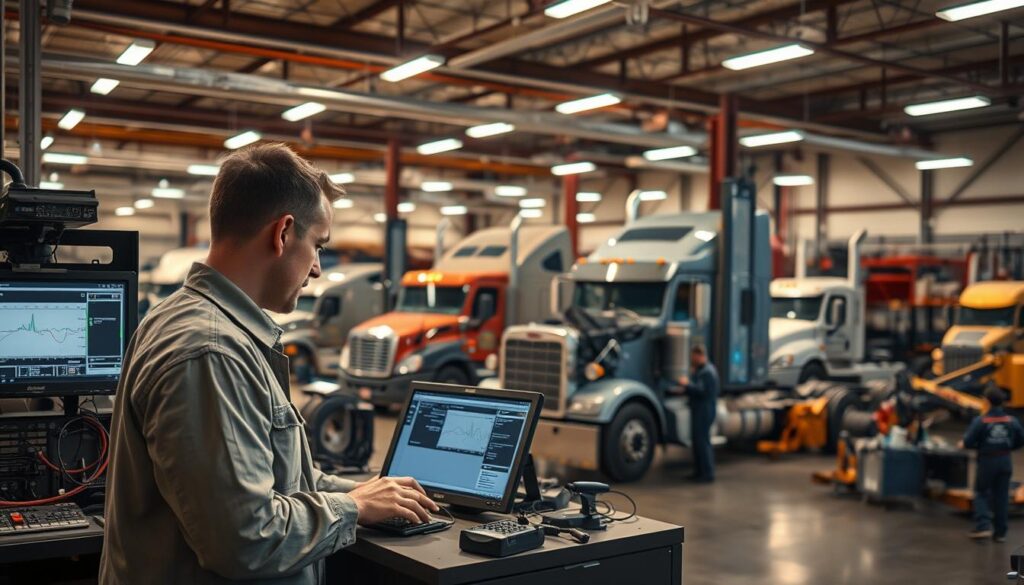 Technician using advanced diagnostic equipment on commercial truck engine