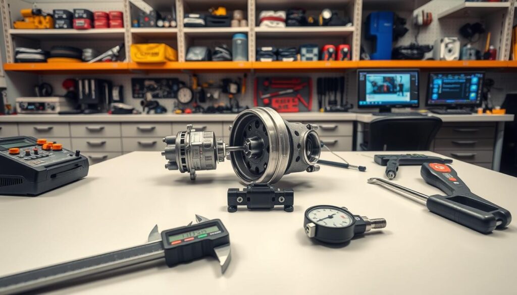 Brake chamber diagnostic tools including stroke gauges and pressure testing equipment