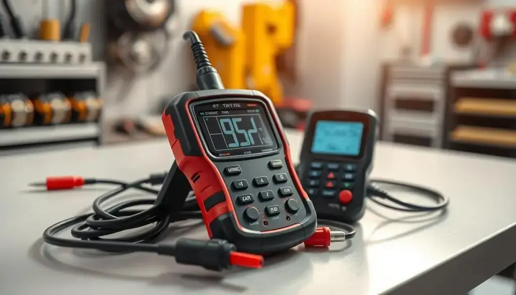 Professional diagnostic tools including OBD-II scanner and digital multimeter for fuel pressure sensor testing