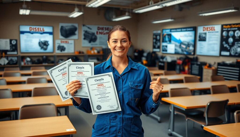 Diesel technician completing professional ASE certification training program