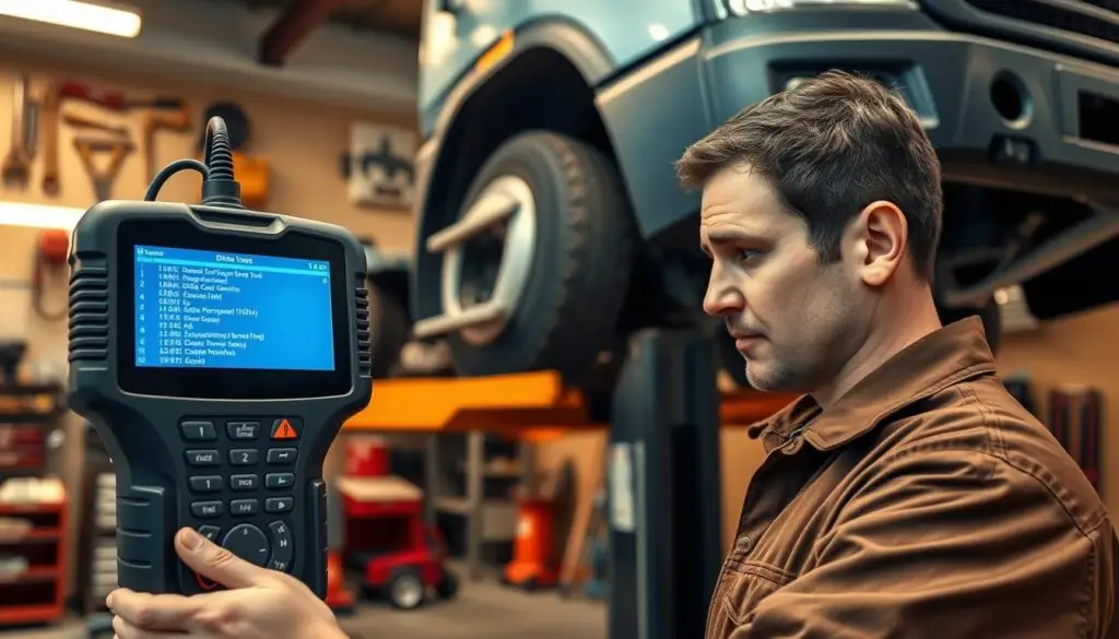 step-by-step process showing diagnostic scanner connected to truck OBD-II port
